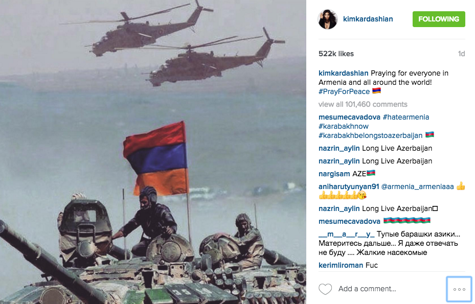 Kim Kardaşyanın Instagramda Ermənistan Silahlı Qüvvələrinə Dua Etməsi