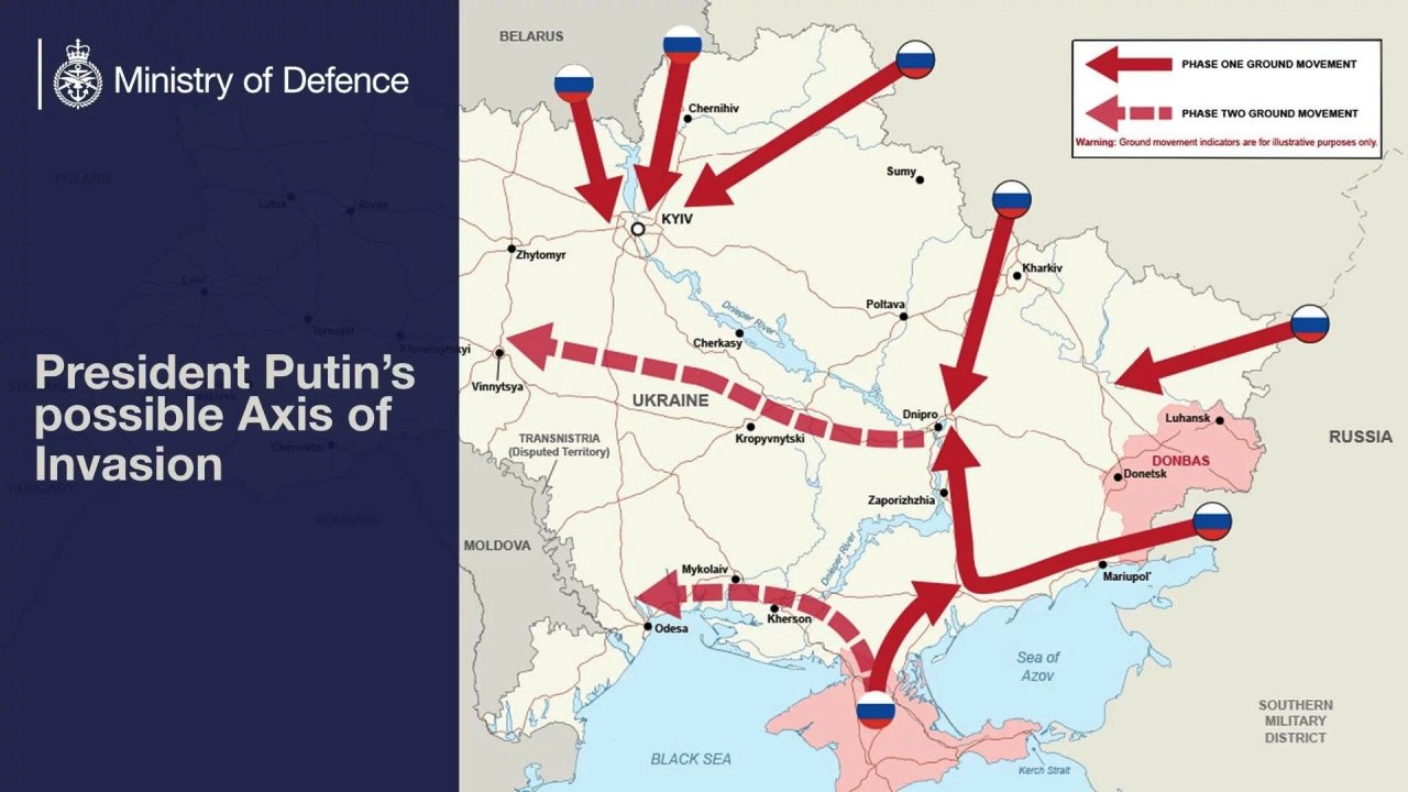 Böyük Britaniyanın Müdafiə Nazirliyi Rusiyanın Ukraynaya mümkün hücum planının xəritəsini yayımladı